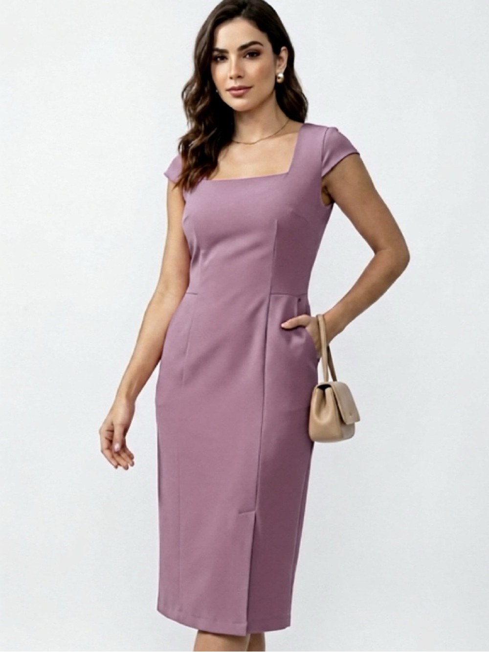 Classic Square-Neck Midi Dress in Rose-Coral